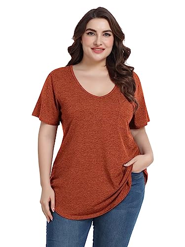 BELAROI Women Plus Size V-Neck Tunic Tops Loose T Shirt with Pocket (3X, D-Dark Orange)