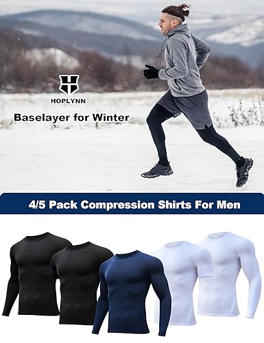 HOPLYNN 5 Pack Workout Compression Shirts Men Long/Short Sleeve Rash Guard Athletic Undershirt Gear T Shirt for Sports 2 Black 2 White 1 Blue M