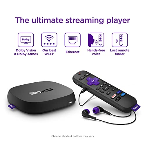 Roku Ultra | The Ultimate Roku Streaming Device 4K/HDR/Dolby Vision/Atmos, Rechargeable Roku Voice Remote Pro, Ethernet Port, Hands-Free Controls, Lost Remote Finder, Free & Live TV