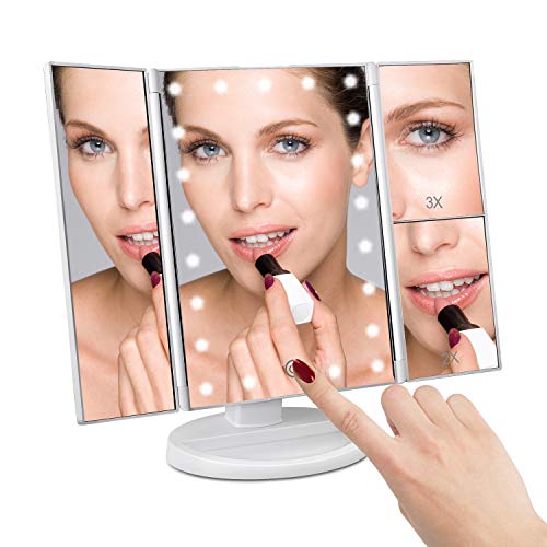 deweisn Floor Mount Tri-Fold Lighted Vanity Mirror with 21 LED Lights, Touch Screen and 3X/2X/1X Magnification, Two Power Supply Modes Make Up Mirror,Travel Mirror