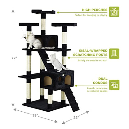 Go Pet Club 72" Tall Extra Large Cat Tree Kitty Tower Condo Cat House for Large Indoor Cats Play Scratch Hide Climb Activity Furniture with Toy, Black