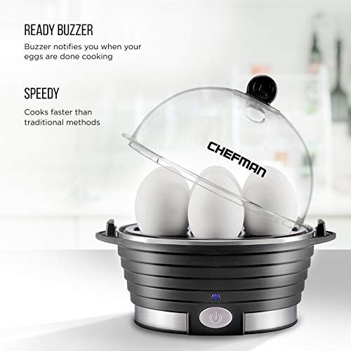 Chefman Egg-Maker Rapid Poacher, Food & Vegetable Steamer, Quickly Makes Up to 6, Hard, Medium or Soft Boiled, Poaching/Omelet Tray Included, Ready Signal, BPA-Free, BLACK