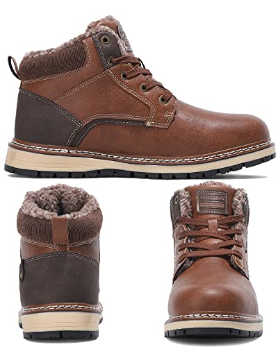 AX BOXING Mens Winter Boots Snow Boots Outdoor Warm Non Slip Fur Lined Ankle Boots Leather Shoes(Brown_Fur Lined, Size 8.5)