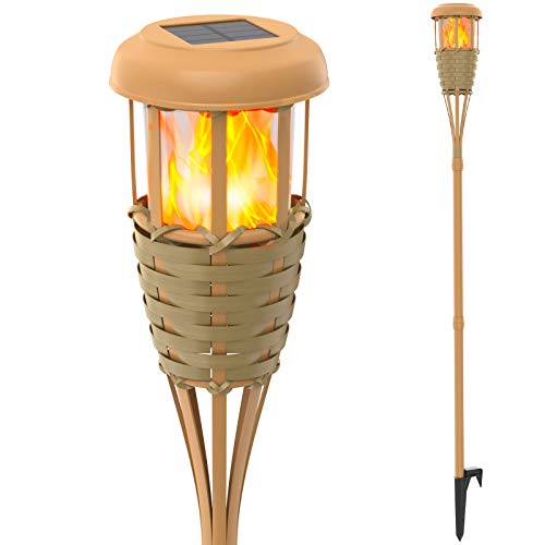 Evelynsun Flickering Flames Solar Powered Lights - Upgraded Solar Torches Waterproof Outdoor Decorative Lighting Auto On/Off, Handmade Bamboo Finish, 2-Pack