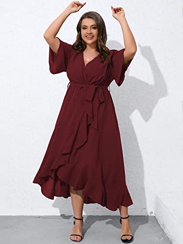 SCOMCHIC Plus Size Cocktail Dresses for Women Wrap V Neck Split High Low Split Burgundy Maxi Dress with Belt 2XL