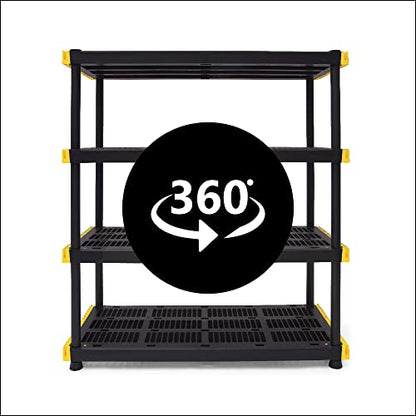 CX Black & Yellow®, 4-Tier Heavy Duty Plastic Storage Shelving Unit, 200lbs/shelf (55”H x 48”W x 20”D), for Indoor/Outdoor Organization, Modular Rack