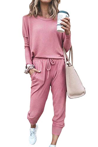 Fixmatti Womens 2 Piece Outfit Sweatsuit Cotton T-Shirt Long Pant Sport Set Pink L