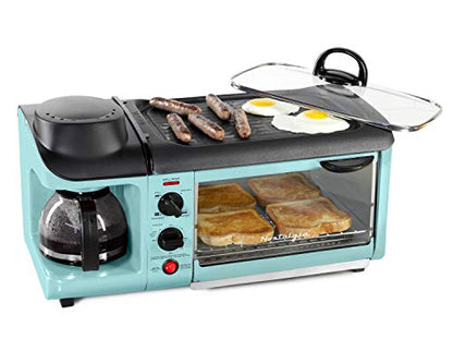 Nostalgia 3-in-1 Breakfast Station - Includes Coffee Maker, Non-Stick Griddle, and 4-Slice Toaster Oven - Versatile Breakfast Maker with Timer - Aqua