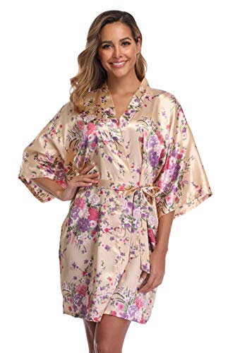 iFigure Women Floral Kimono Robe Satin Bridal Dressing Gown Bride Bridesmaid Robes Sleepwear, Champagne gold, S