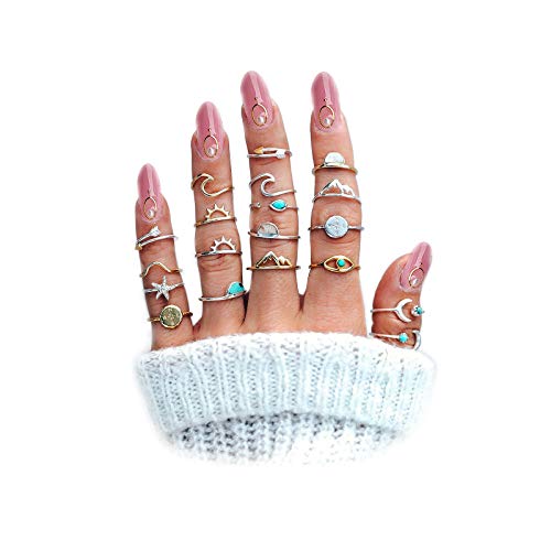 FUTIMELY Boho Retro Stackable Rings Sets for Teens Girls Women,Peak Sea Wave Compass Turquoise Rhinestone Knuckle Joint Finger Kunckle Nail Ring Sets (:1：19PC)