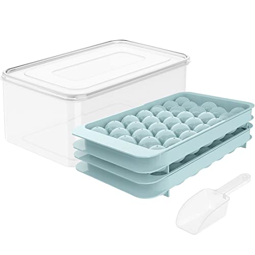 Round Ice Cube Tray with Lid & Bin Ice Ball Maker Mold for Freezer with Container Mini Circle Ice Cube Tray Making 66PCS Sphere Chilling Cocktail Whiskey Tea Coffee 2 Trays 1 ice Bucket & Scoop