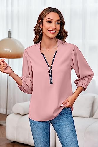 Cnkwei Womens V-Neck Lantern Sleeve Blouse Zipper Design Loose Casual Top Shirts Light Pink