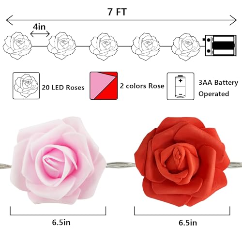 TURNMEON 7Ft 20 Led Valentines Rose Lights,Valentines Day Decor Red Pink Rose Fairy Lights Battery Operated Artificial Rose Flowers Garland Valentines Decoration Home Indoor Outdoor(Warm White)