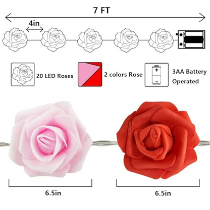 TURNMEON 7Ft 20 Led Valentines Rose Lights,Valentines Day Decor Red Pink Rose Fairy Lights Battery Operated Artificial Rose Flowers Garland Valentines Decoration Home Indoor Outdoor(Warm White)