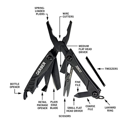 Gerber Gear 30-000469N 12-in-1 Dime Multitool Mini, Needle Nose Pliers Pocket Knife Keychain, Bottle Opener, EDC Gear, Black