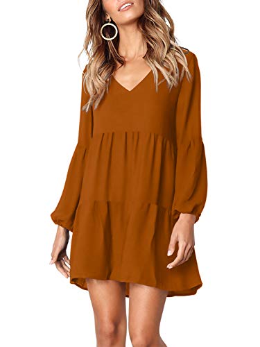 Amoretu Women Long Sleeve Tunic Dress V Neck Swing Shift Dresses(Brown,Large)