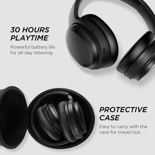 tapaxis Hybrid Active Noise Cancelling Headphones Wireless Bluetooth Headphones Over Ear Wireless Headphones with Deep Bass, Clear Calls, Comfortable Fit, 30H Playtime, Travel Case, Black