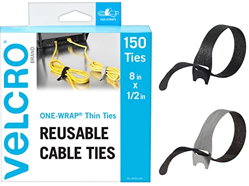 VELCRO Brand 150pk Cable Ties Value Pack | Replace Zip Ties with Reusable Straps, Reduce Waste | For Wire Management and Cord Organizer | 8 x 1/2" Thin Pre-Cut Design, Black and Gray