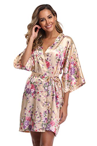 iFigure Women Floral Kimono Robe Satin Bridal Dressing Gown Bride Bridesmaid Robes Sleepwear, Champagne gold, S