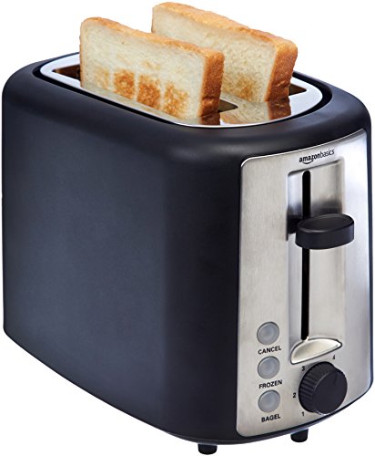 Amazon Basics 2 Slice, Extra-Wide Slot Toaster with 6 Shade Settings, Black & Silver