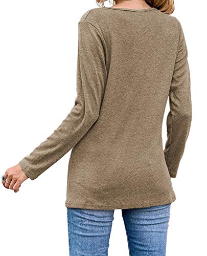 Womens Casual Long Sleeve Tunic Shirts Round Neck Button Side Blouses Tops Coffee