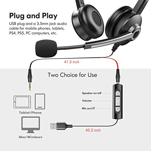 USB Computer Headset with Microphone for Laptop PC,3.5mm Wired Stereo Call Center Headset with Microphone Noise Cancelling, Corded Desktop Headphones with Mic & Mute for Office/Telework/Home/Kids/Zoom