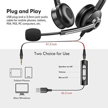 USB Computer Headset with Microphone for Laptop PC,3.5mm Wired Stereo Call Center Headset with Microphone Noise Cancelling, Corded Desktop Headphones with Mic & Mute for Office/Telework/Home/Kids/Zoom