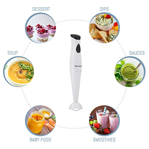 Elite Gourmet EHB-2425X Electric Immersion Hand Blender, Mixer, Chopper, 1-Touch Control Multi Purpose Electric Immersion Stick, Mixer, Chopper, 150 Watts, For Soups, Sauces, Baby Food, White