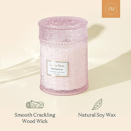 LA JOLIE MUSE Rose Noir & Oud Scented Candle, Rose Candle for Home, Candle Gift for Women, Wood Wicked Glass Jar Candles for Home Scented, Large Candle, Long Burning Time, 19.4 Oz