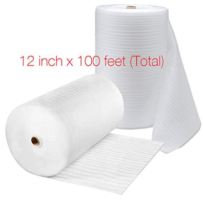 Mighty Gadget (R) Foam Wrap Rolls 12" Wide x 50 Feet x 2 Rolls (Total 100 Feet) for Cushioning Moving Packing (Perforated Every 12") and 20 Fragile Stickers Labels Included