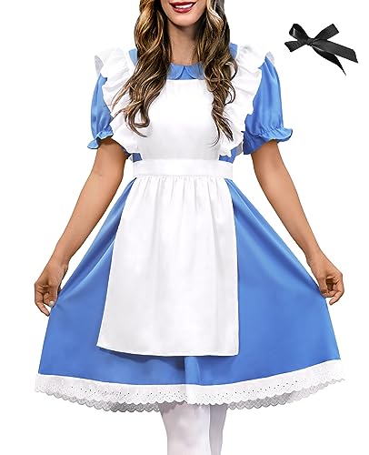 Women Blue White Alice Princess in Costume Wondeful Princess Costume Deluxe Halloween Dress Short Sleeve M