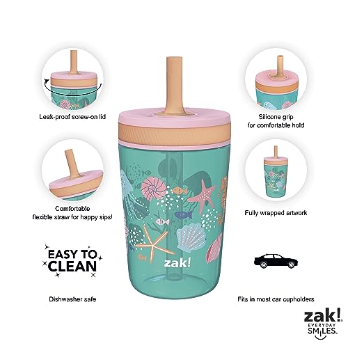 Zak Designs Kelso 15 oz Tumbler Set, (Shells) Non-BPA Leak-Proof Screw-On Lid with Straw Made of Durable Plastic and Silicone, Perfect Baby Cup Bundle for Kids (2pc Set)