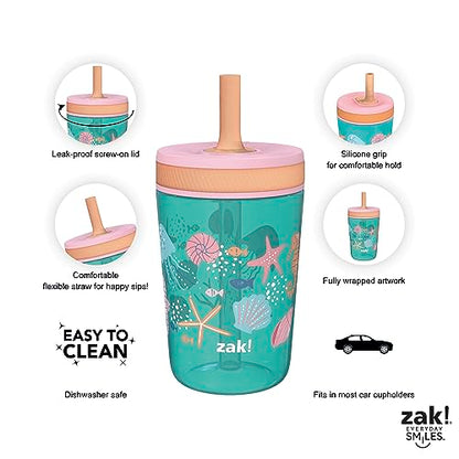 Zak Designs Kelso 15 oz Tumbler Set, (Shells) Non-BPA Leak-Proof Screw-On Lid with Straw Made of Durable Plastic and Silicone, Perfect Baby Cup Bundle for Kids (2pc Set)