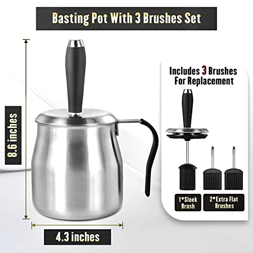 BBQ Basting Pot with 3 Basting Brushes Set,Airtight Stainless Steel Barbecue Sauce Pot,Silicone BBQ Brushes for Sauce,BBQ Grilling Gifts for Men Dad,BBQ Gadgets Grill Accessories,32oz Large Capacity