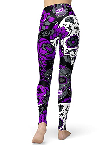 sissycos Women's Sugar Skull Leggings Buttery Soft Rose Printed Halloween Stretchy Pants (Large, Purple)