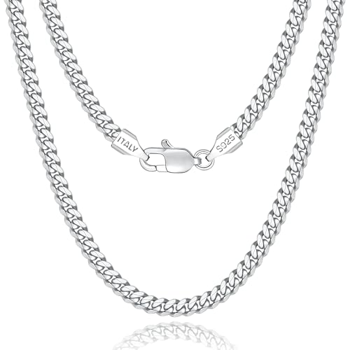 Eterjew Italian Solid 925 Sterling Silver Chain Necklace for Men Boys Women, 4mm Cuban Link Chain for Men, Sturdy & Comfortable & Shiny 20 Inch