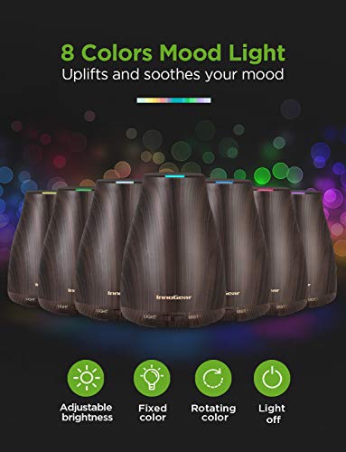 InnoGear Essential Oil Diffuser, Upgraded Diffusers for Essential Oils Aromatherapy Diffuser Cool Mist Humidifier with 7 Colors Lights 2 Mist Mode Waterless Auto Off for Home Office Room, Brown