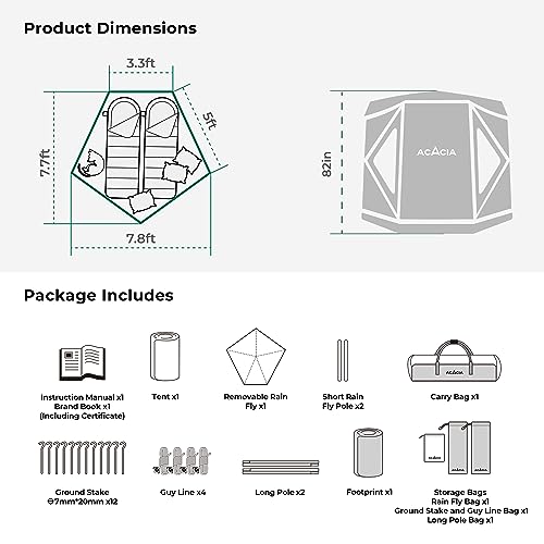 Space Acacia Tent Only, 3-in-1 Pop Up Camping Tent with 8 Windows, Waterproof Windproof Easy Setup 2/3 Person Tent for Camping Travel, Hiking, Backpacking, Moonstone