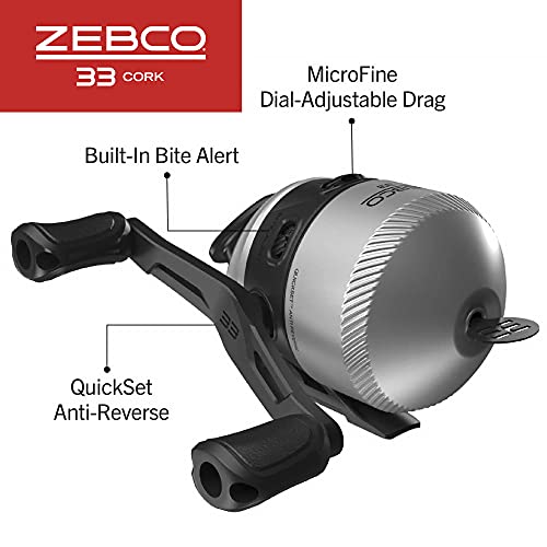 Zebco 33 Cork Spincast Reel and Fishing Rod Combo, 6-Foot 2-Piece Graphite Rod with Cork Handle, Quickset Anti-Reverse Fishing Reel with Bite Alert, Silver