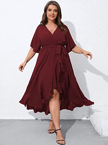 SCOMCHIC Plus Size Cocktail Dresses for Women Wrap V Neck Split High Low Split Burgundy Maxi Dress with Belt 2XL