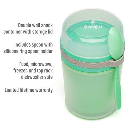 Goodful Double Wall Insulated Yogurt Container, Leak Proof Food Storage, Snack Container with Reusable Plastic Spoon, Microwave Safe, Dishwasher safe, Freezer Safe, 14-Ounce, Green