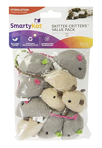 SmartyKat (10 Count) Skitter Critters Value Pack Catnip Cat Toys - Gray/Cream, 10 Count