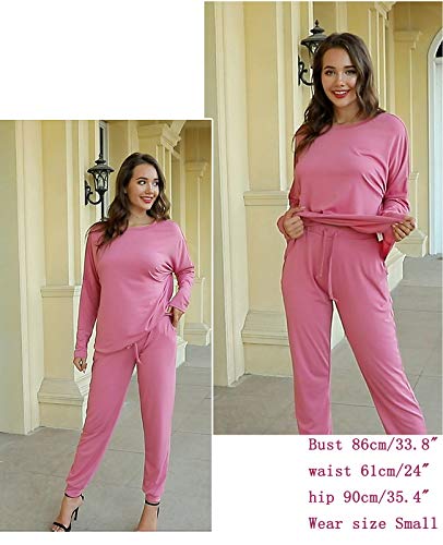 Fixmatti Womens 2 Piece Outfit Sweatsuit Cotton T-Shirt Long Pant Sport Set Pink L