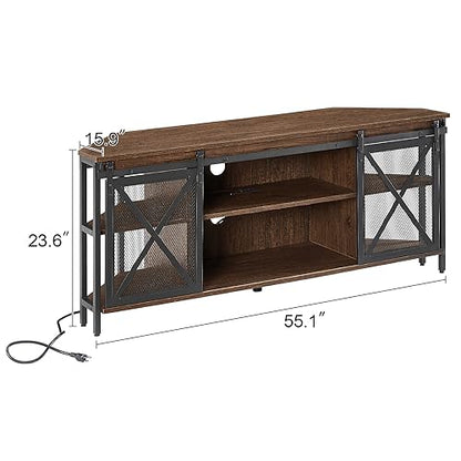 HOMISSUE Corner TV Stand for TVs Up to 60 Inch, TV Console Table with Storage Cabinets, Modern Corner TV Stand with Power Outlet, Industrial TV Stand with Sliding Door for Living Room, Bedroom, Brown