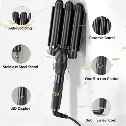 Hair Crimper 1 Inch, 3 Barrel Beach Waver Curling Iron, Foldable 25mm 3 Barrel Hair Waver, 4 Temperature Settings Adjustable Heat Up Quickly Hair Curler Curling Wand