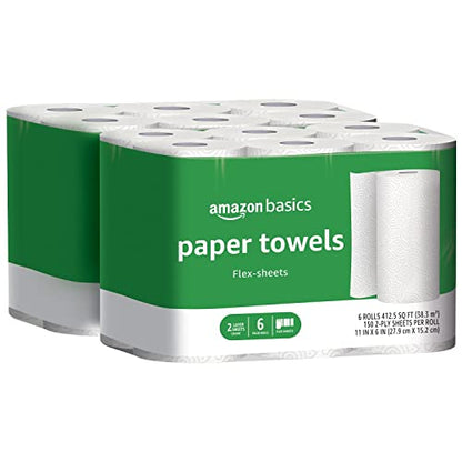 Amazon Basics 2-Ply Paper Towels, Flex-Sheets, 150 Sheets per Roll, 12 Rolls (2 Packs of 6), White