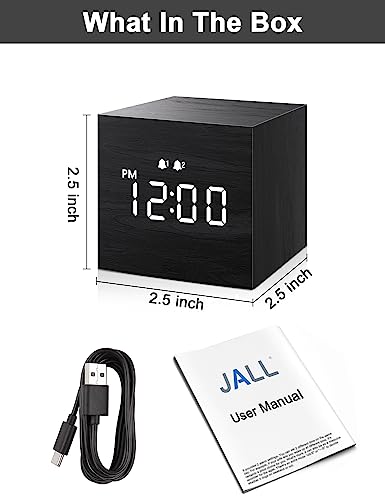 JALL Digital Alarm Clock, with Wooden Electronic LED Time Display, Dual Alarm, 2.5-inch Cubic Small Mini Wood Made Electric Clocks for Bedroom, Bedside, Desk, Black