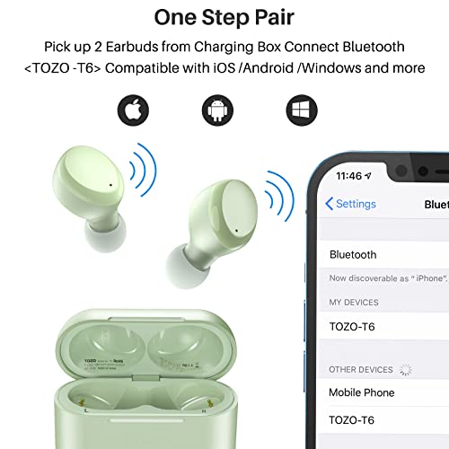 TOZO T6 True Wireless Earbuds Bluetooth 5.3 Headphones Touch Control with Wireless Charging Case IPX8 Waterproof Stereo Earphones in-Ear Built-in Mic Headset Premium Deep Bass Green