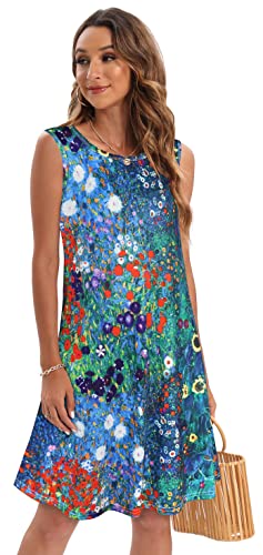 Summer T-Shirt Dress for Women Sleeveless Beach Bohemian Floral Sundress Tunic Swing Casual Loose Pockets(Blue Garden Floral,L)