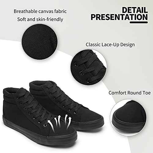 Men's White Canvas Shoes High Top Canvas Sneakers Classic Lace-Up Walking Shoes Light-Weight Soft Casual Shoes Tennis Shoes(Black,US12)